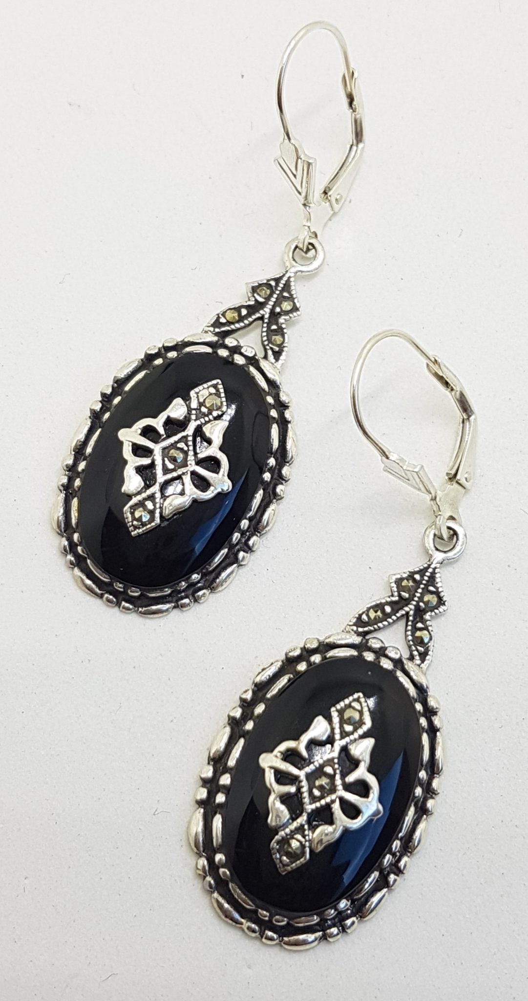 Sterling Silver Marcasite &amp; Onyx Large Oval Drop Earrings