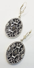 Sterling Silver Marcasite &amp; Onyx Large Oval Ornate Drop Earrings