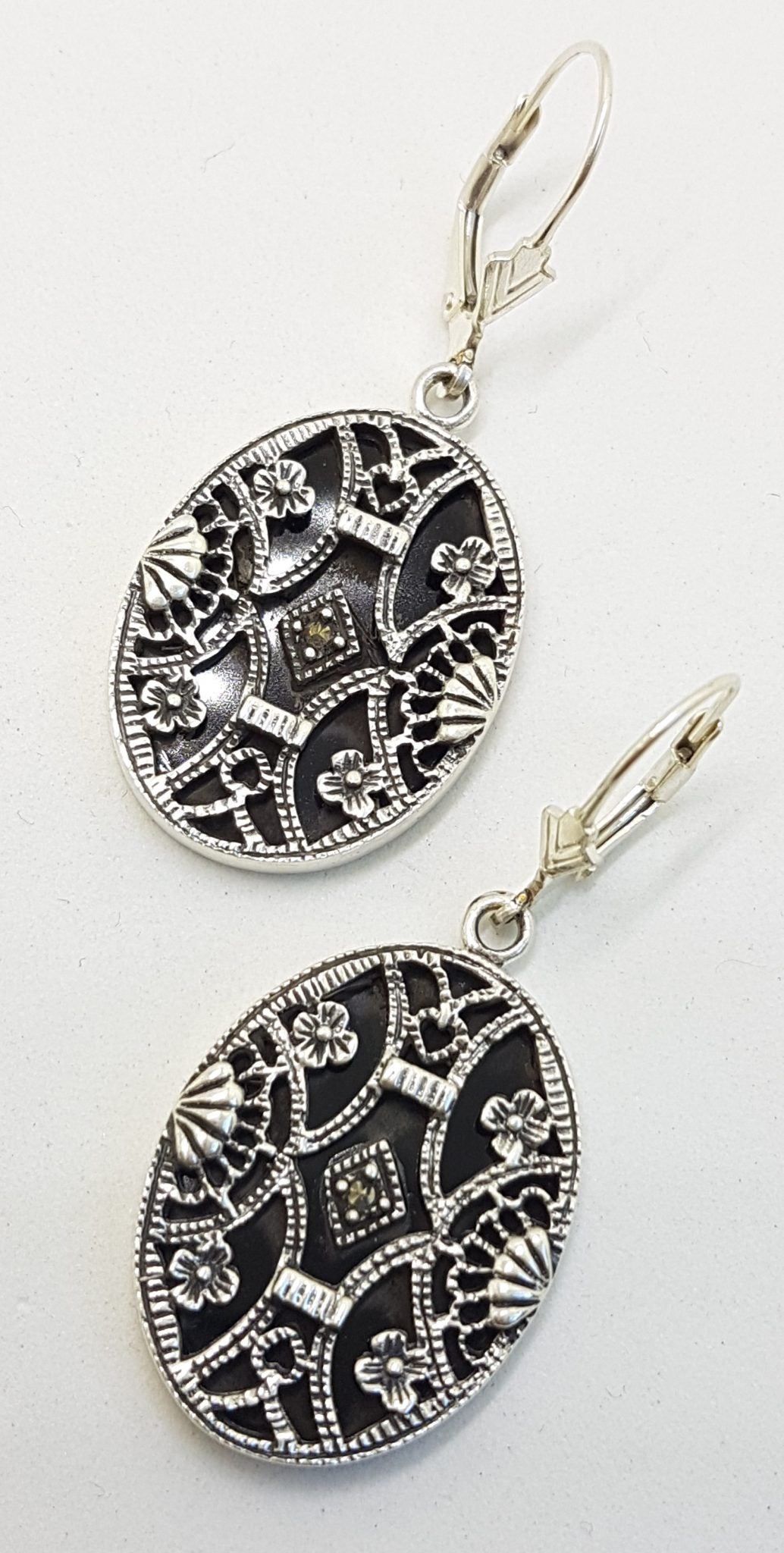 Sterling Silver Marcasite &amp; Onyx Large Oval Ornate Drop Earrings