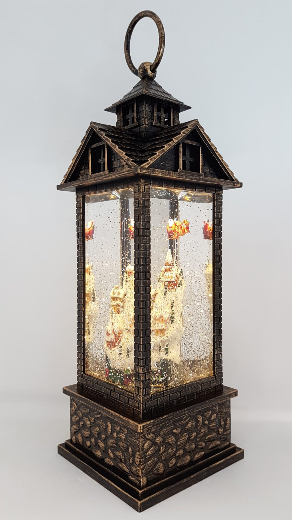 Christmas Glitter Lantern – Santa / Father Christmas in a Sleigh above Houses / Town – Christmas Ornament Design #17