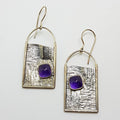 Sterling Silver Square Amethyst in Long Unusual Shape Drop Earrings