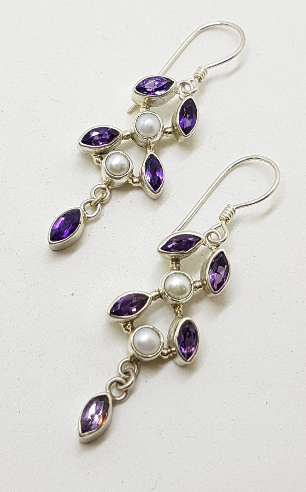 Sterling Silver Amethyst &amp; Pearl Leaf Long Drop Earrings
