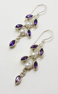 Sterling Silver Amethyst &amp; Pearl Leaf Long Drop Earrings