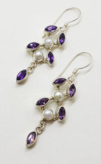 Sterling Silver Amethyst &amp; Pearl Leaf Long Drop Earrings