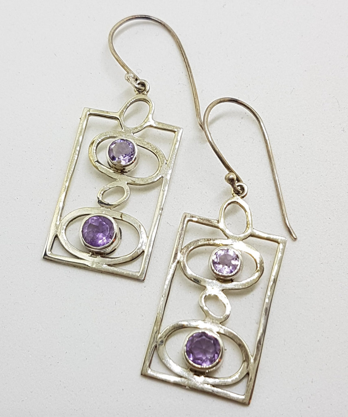 Sterling Silver Amethyst Swirls in Rectangular Drop Earrings