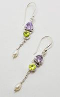 Sterling Silver Amethyst, Peridot and Pearl Drop Earrings