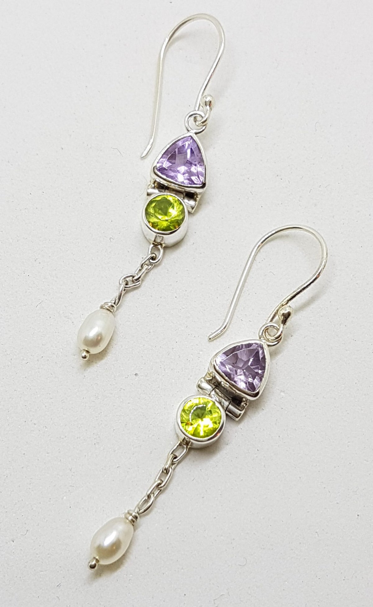 Sterling Silver Amethyst, Peridot and Pearl Drop Earrings