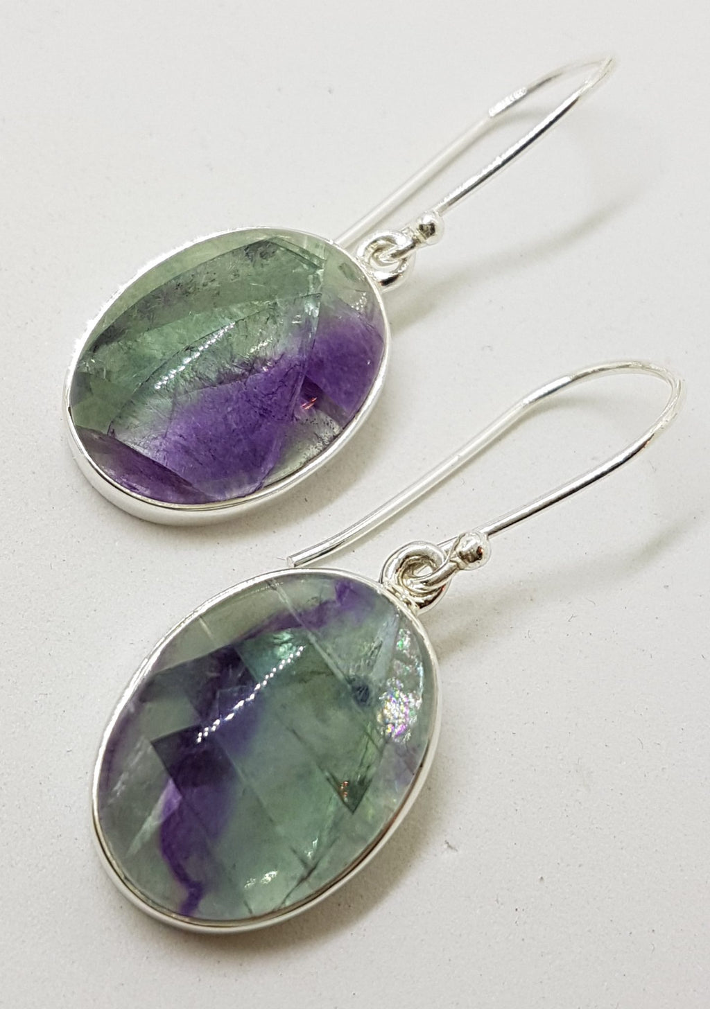 Sterling Silver Large Oval Cabochon Cut Fluorite Drop Earrings