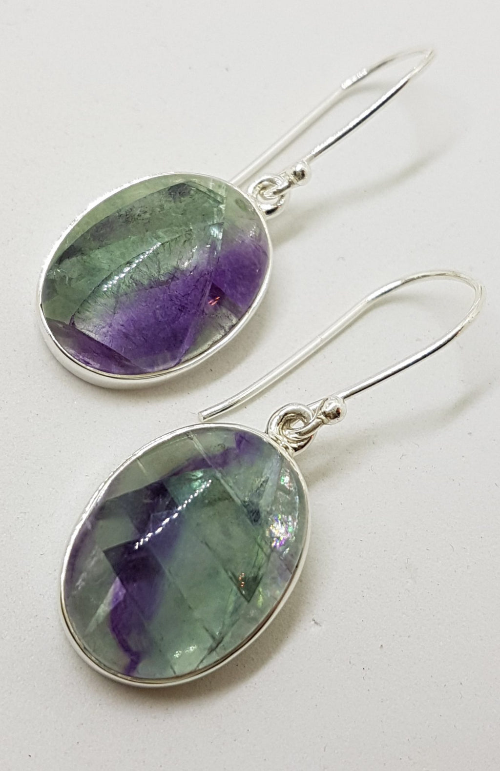 Sterling Silver Large Oval Cabochon Cut Fluorite Drop Earrings