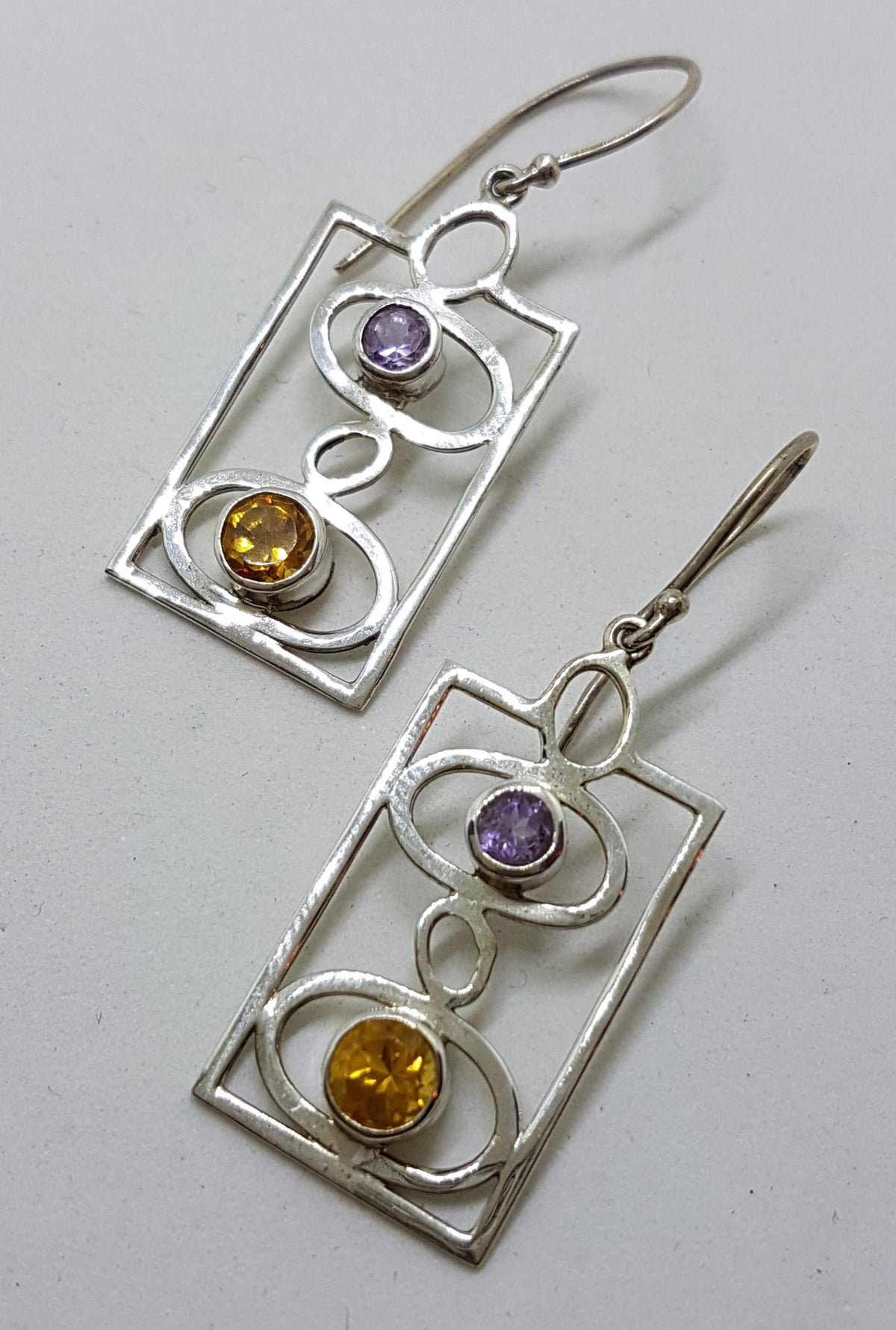 Sterling Silver Large Rectangular Amethyst and Citrine Drop Earrings