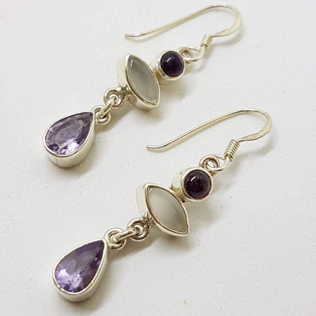 Sterling Silver Amethyst Moonstone and Garnet Drop Earrings