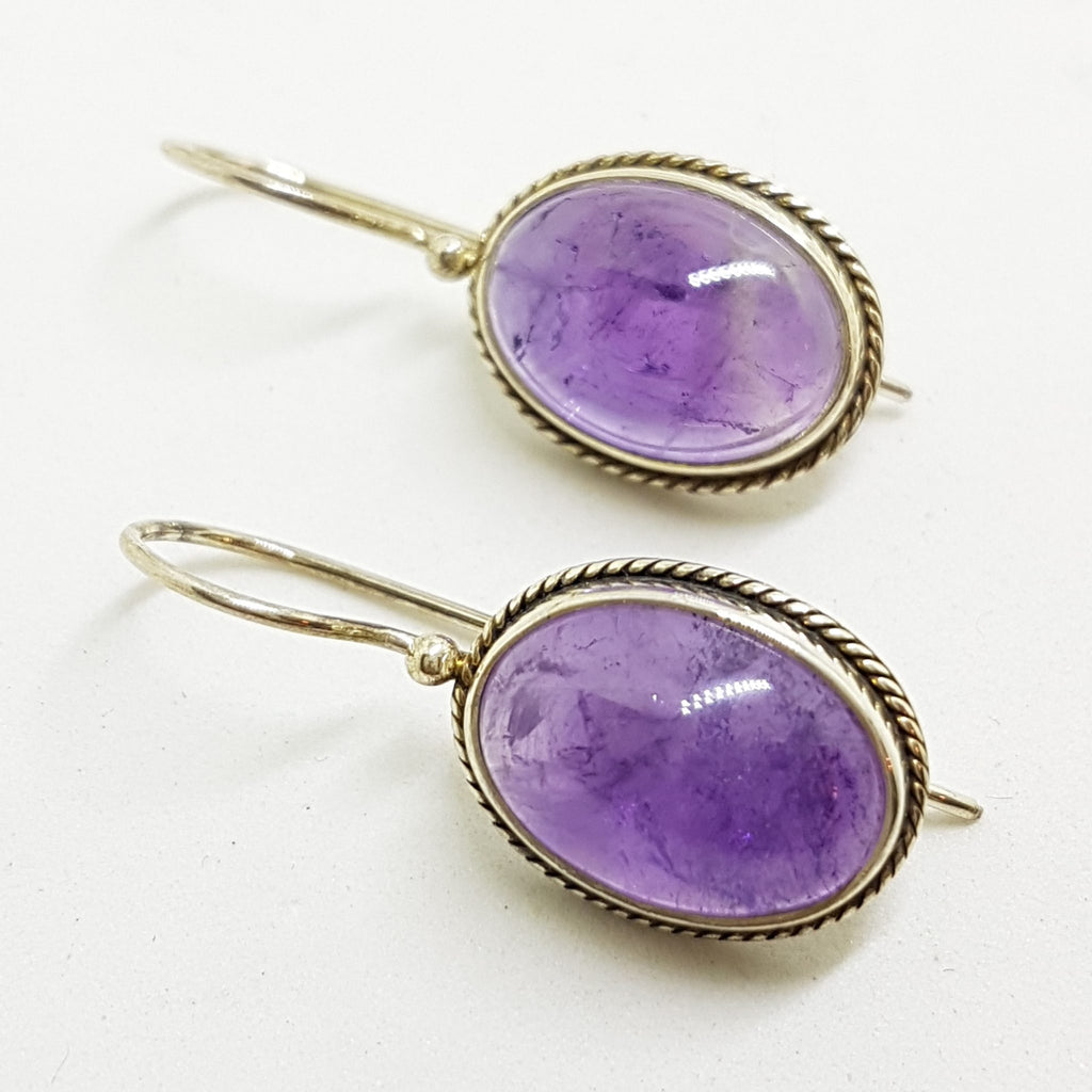 Sterling Silver Oval Cabochon Cut Amethyst Drop Earrings