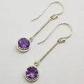 Sterling Silver Round Amethyst on Long Drop Earrings