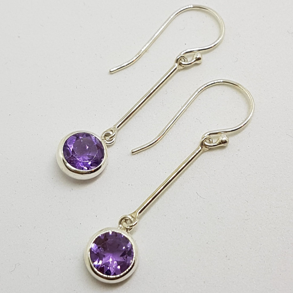 Sterling Silver Round Amethyst on Long Drop Earrings