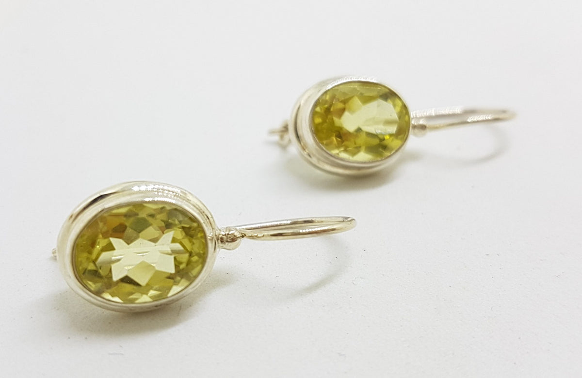 Sterling Silver Lemon Citrine / Quartz Oval Bezel Set Drop Earrings