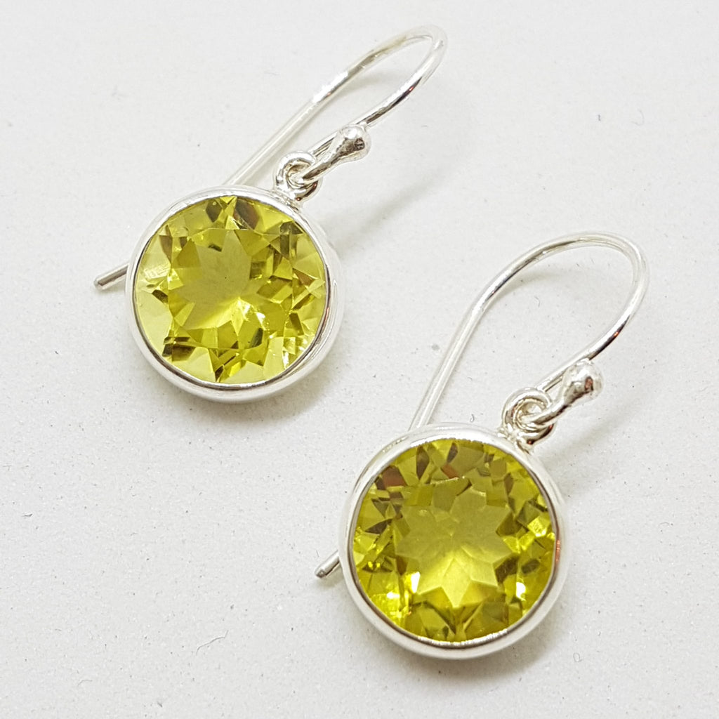 Sterling Silver Lemon Citrine / Quartz Round Bezel Set Drop Earrings
