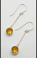 Sterling Silver Citrine Round Bezel Set Long Line Drop Earrings