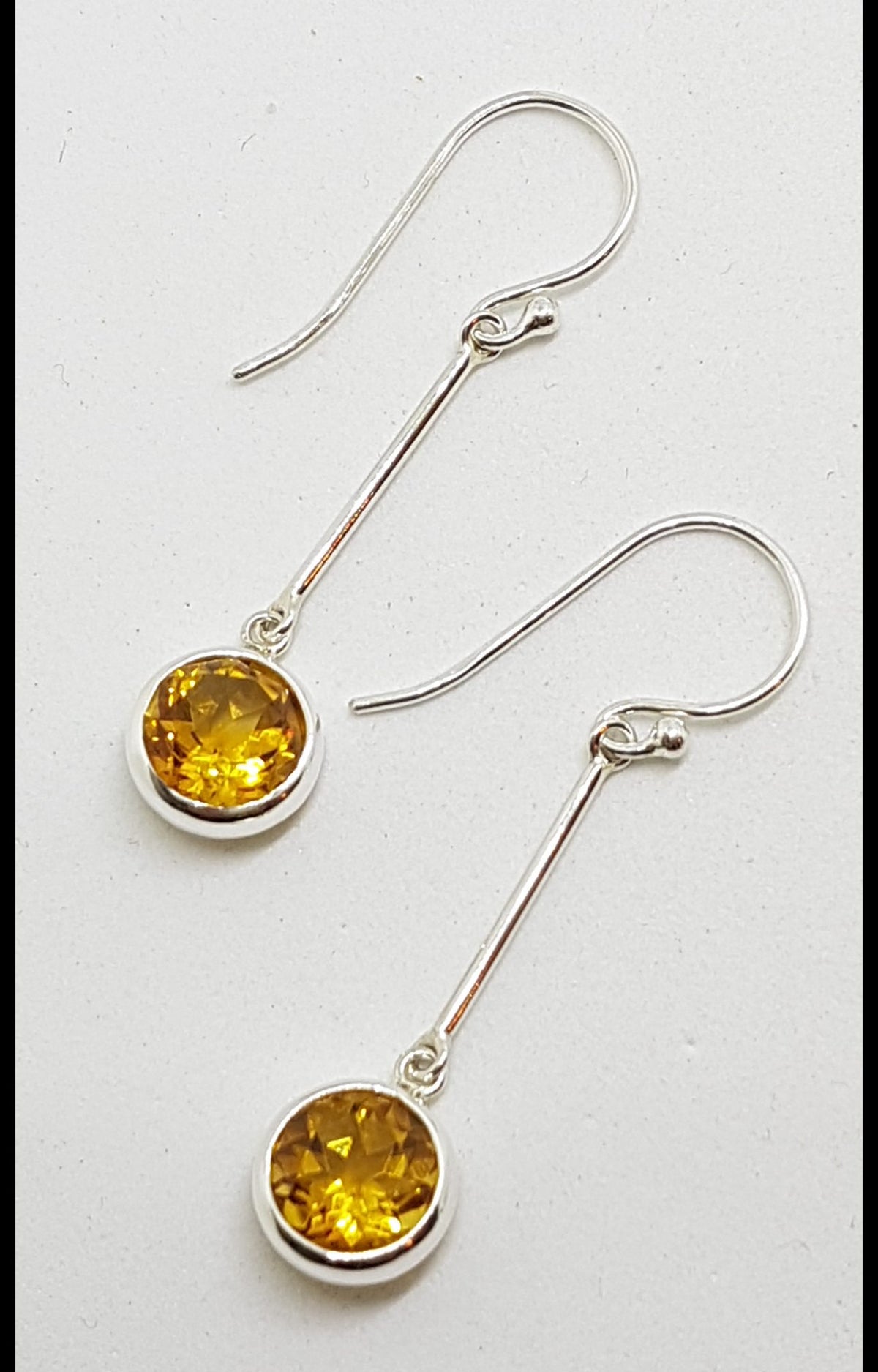 Sterling Silver Citrine Round Bezel Set Long Line Drop Earrings