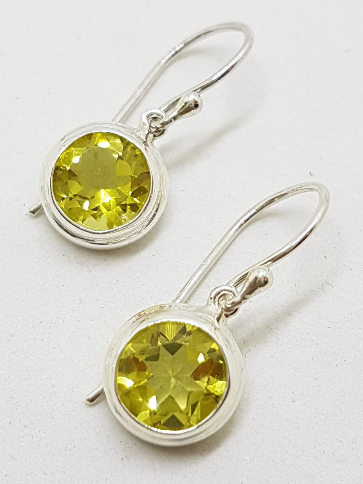Sterling Silver Lemon Citrine / Quartz Round Bezel Set Drop Earrings