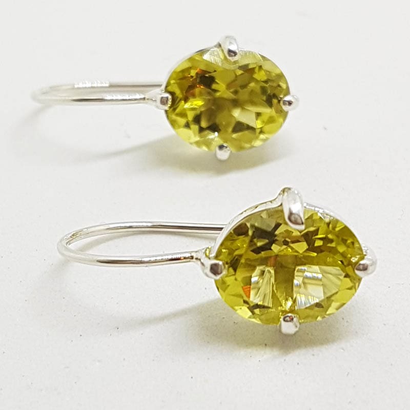 Sterling Silver Oval Claw Set Lemon Citrine / Quartz Drop Earrings