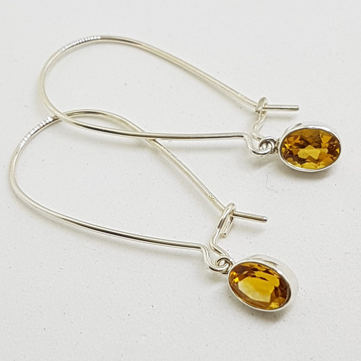 Sterling Silver Oval Bezel Set Citrine Long Hoop Drop Earrings