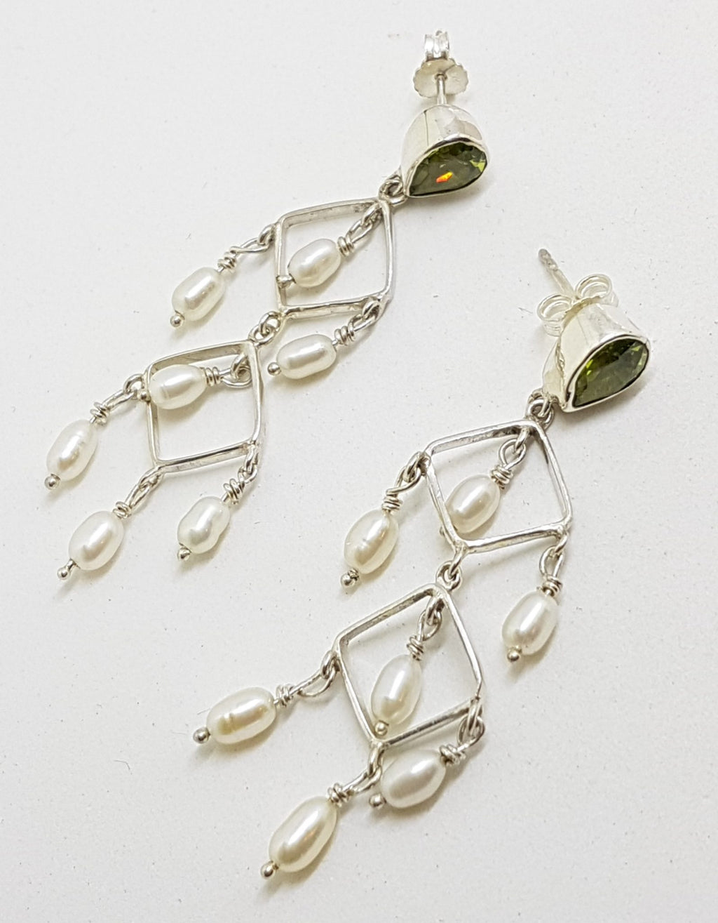 Sterling Silver Peridot and Pearl Long Drop Earrings