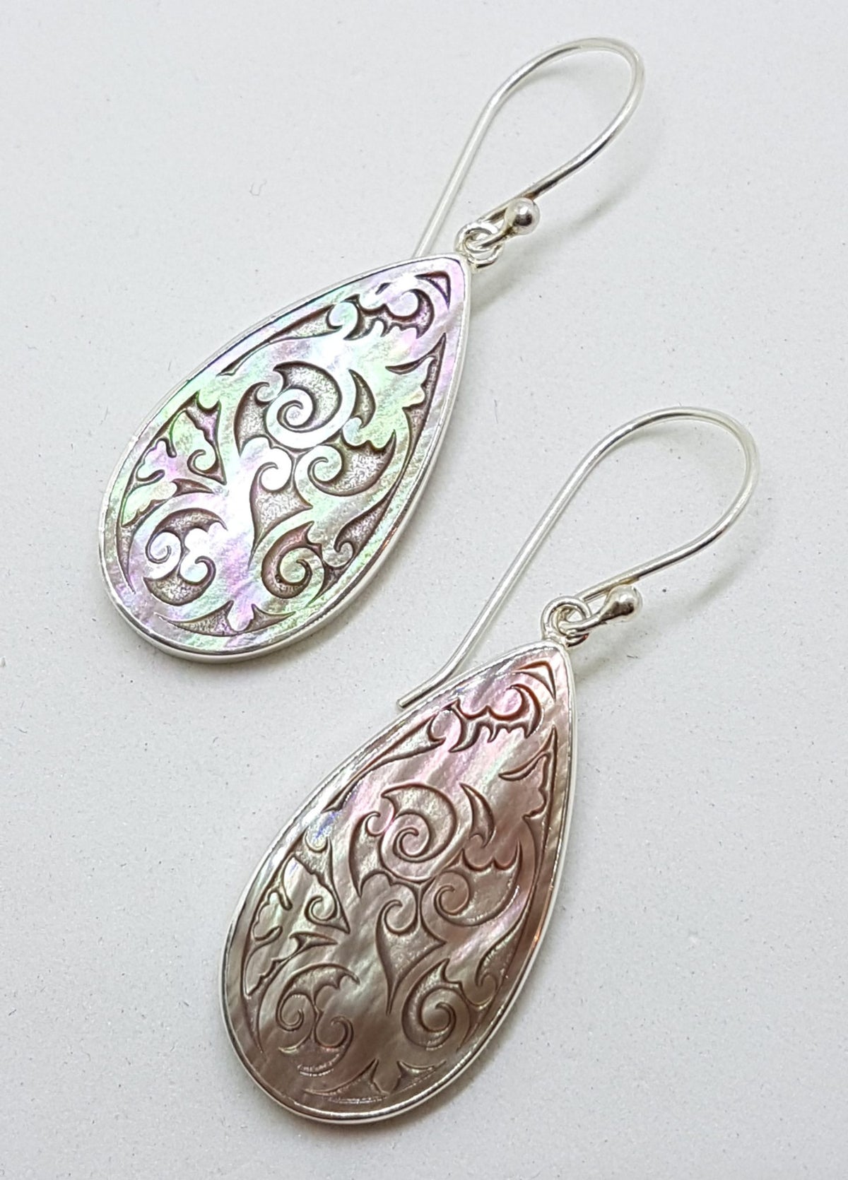 Sterling Silver Mother of Pearl Medium Ornate Carved Teardrop / Pear Shape Drop Earrings
