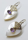 Sterling Silver Mother of Pearl &amp; Amethyst Ornate Teardrop / Pear Shape Drop Earrings
