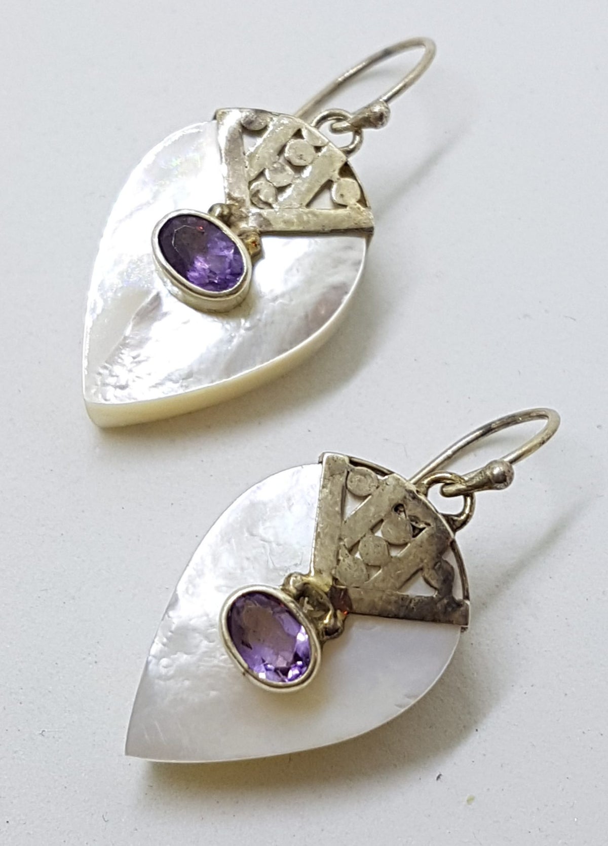 Sterling Silver Mother of Pearl &amp; Amethyst Ornate Teardrop / Pear Shape Drop Earrings