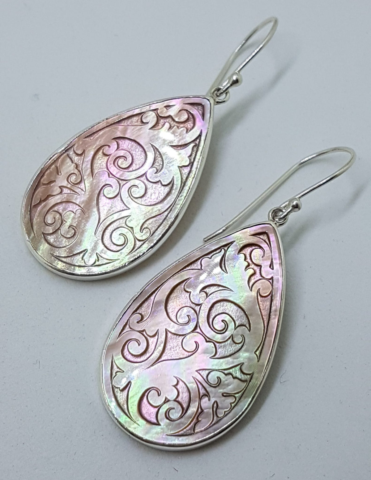 Sterling Silver Mother of Pearl Large Ornate Carved Teardrop / Pear Shape Drop Earrings