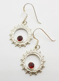 Sterling Silver Round Garnet in Ornate Circle Drop Earrings