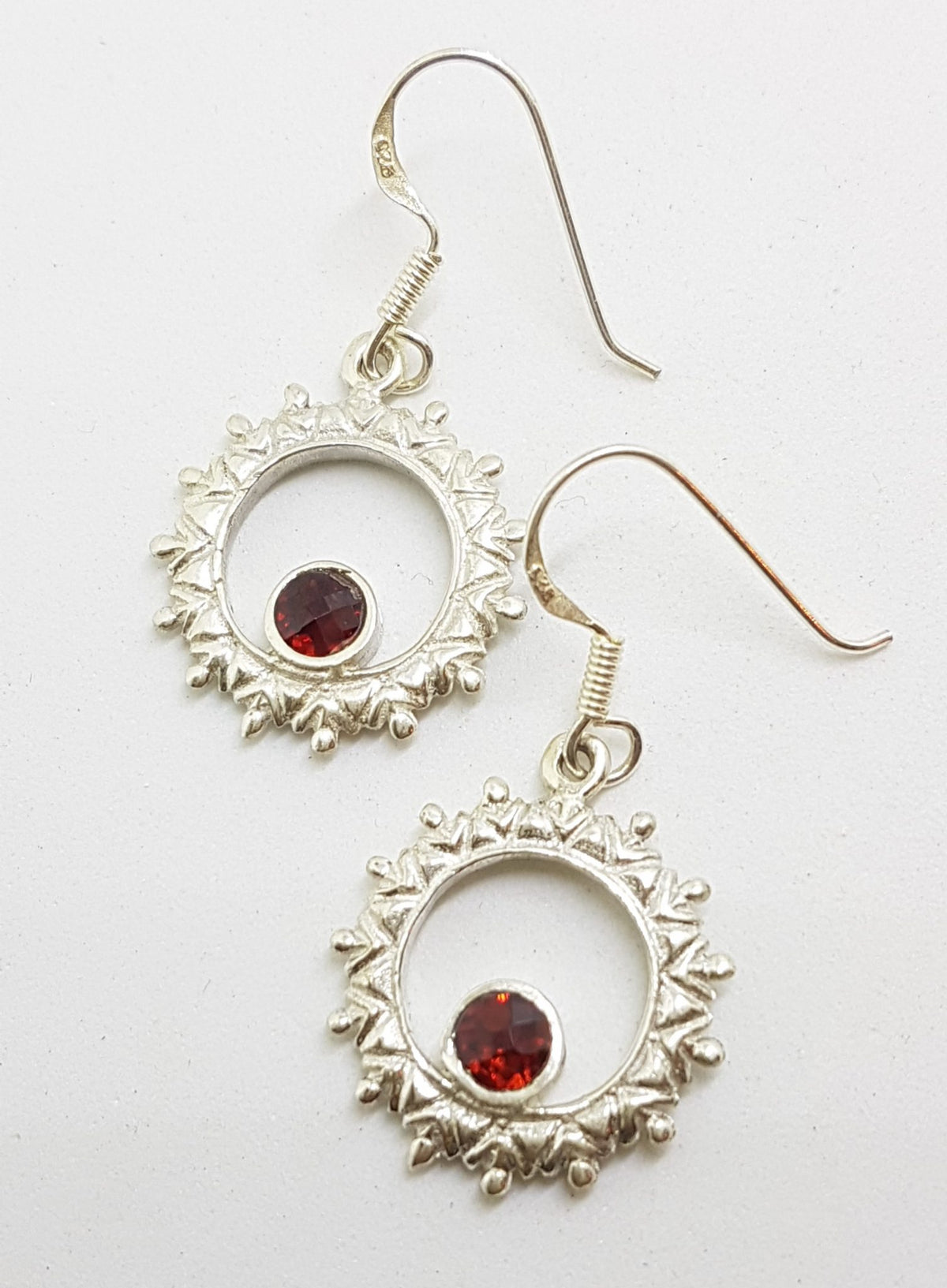 Sterling Silver Round Garnet in Ornate Circle Drop Earrings