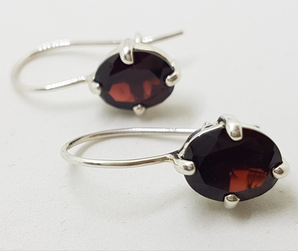 Sterling Silver Oval Claw Set Garnet Drop Earrings