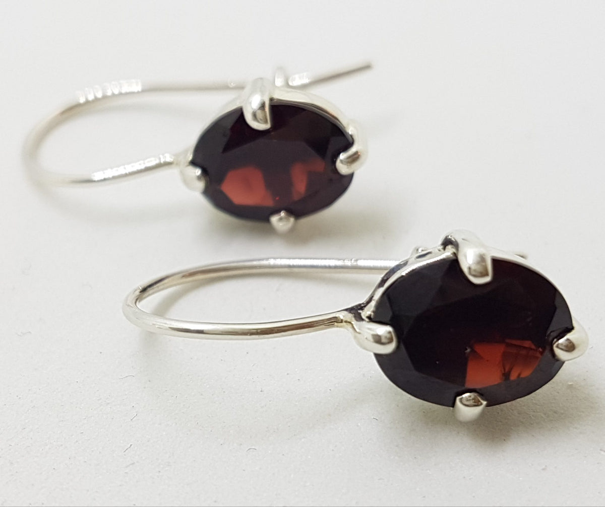 Sterling Silver Oval Claw Set Garnet Drop Earrings