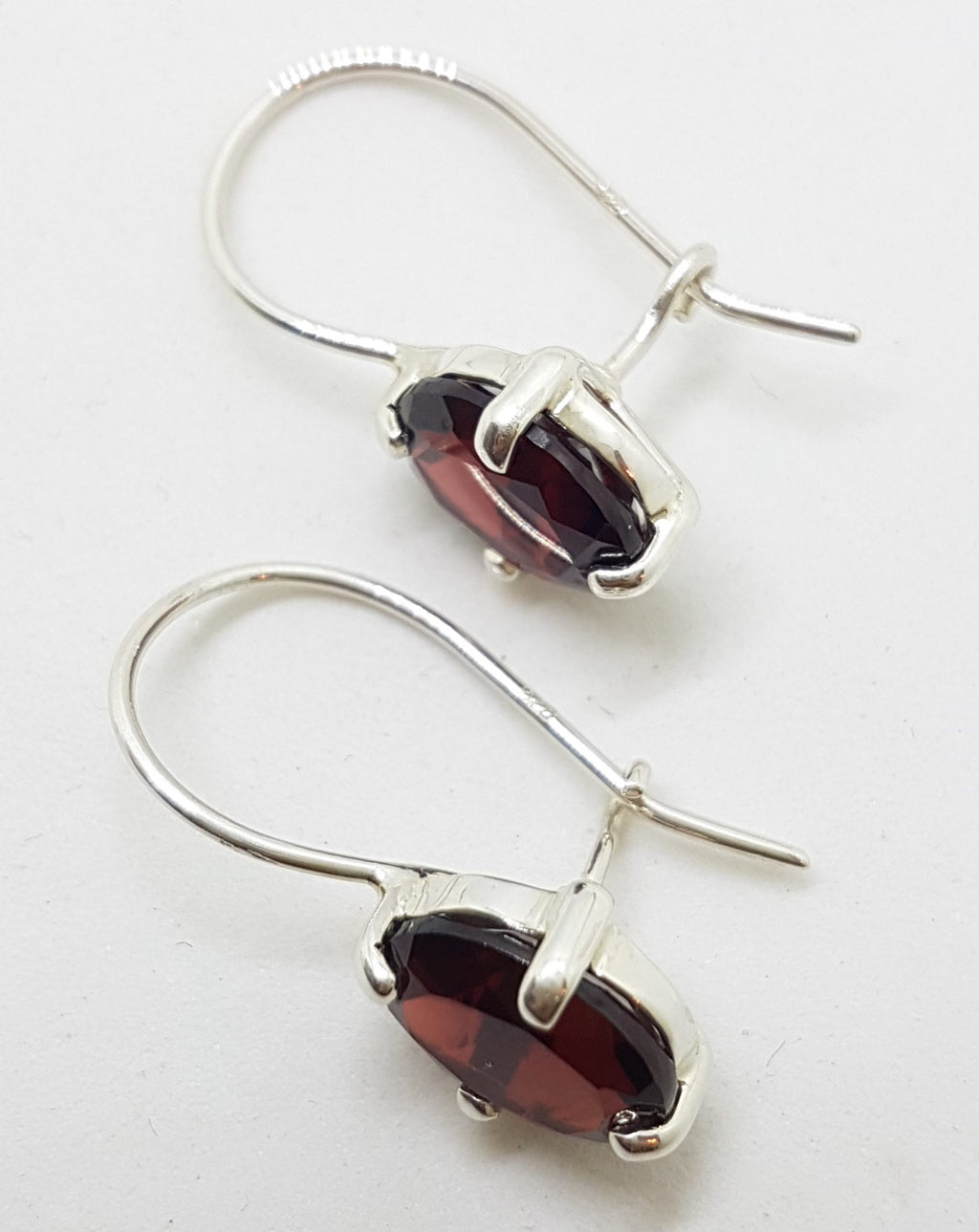 Sterling Silver Oval Claw Set Garnet Drop Earrings