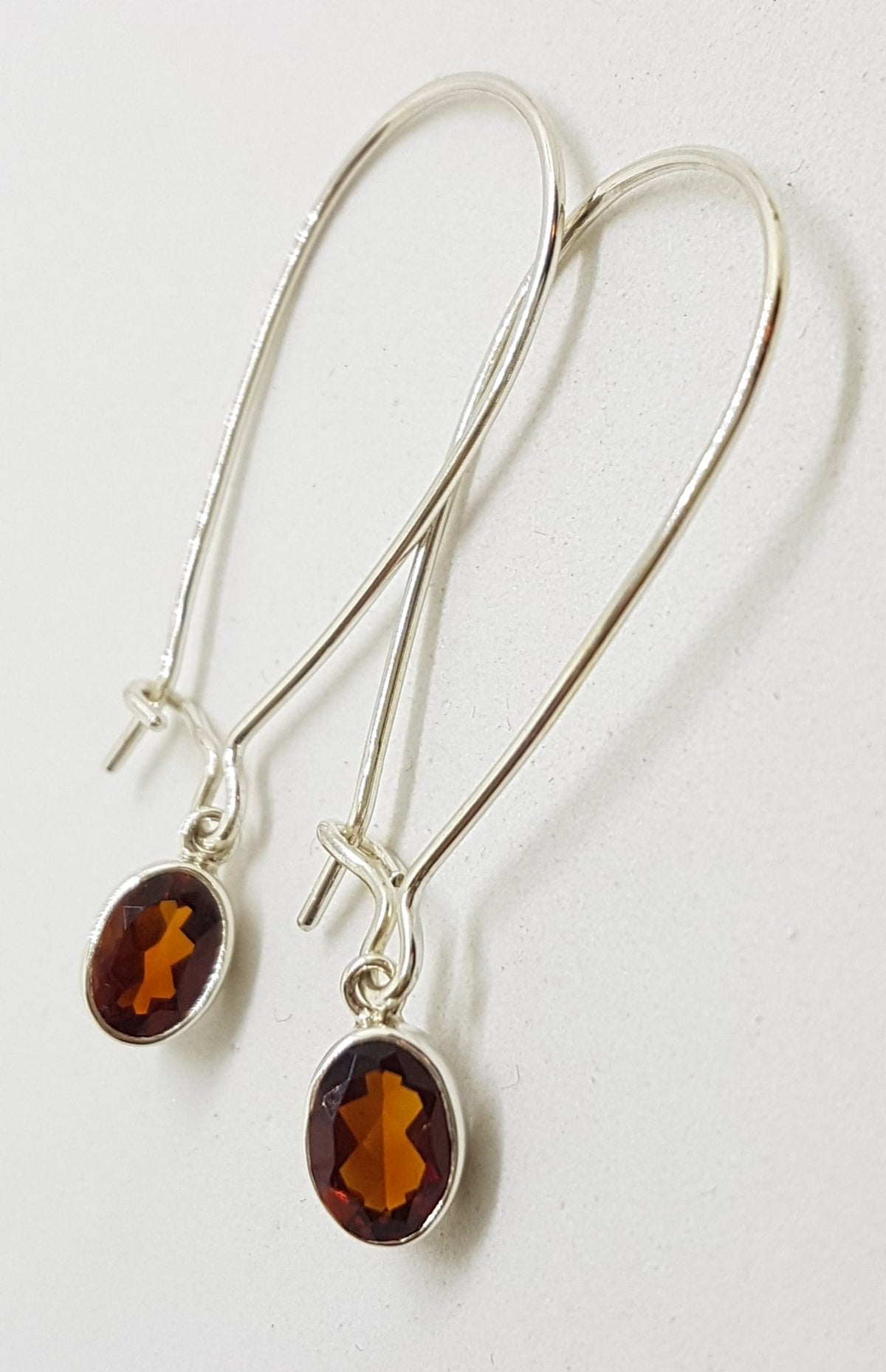 Sterling Silver Oval Garnet Long Hoop Drop Earrings
