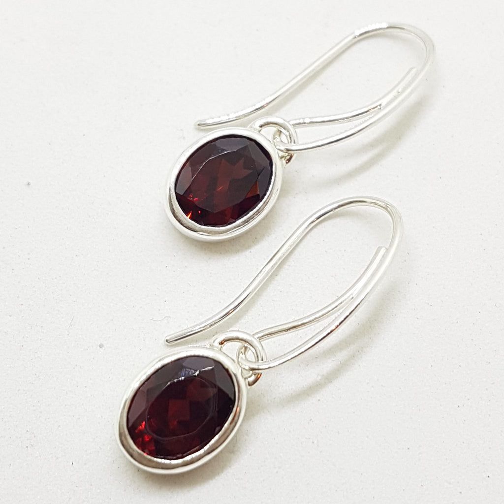 Sterling Silver Bezel Set Oval Garnet Drop Earrings