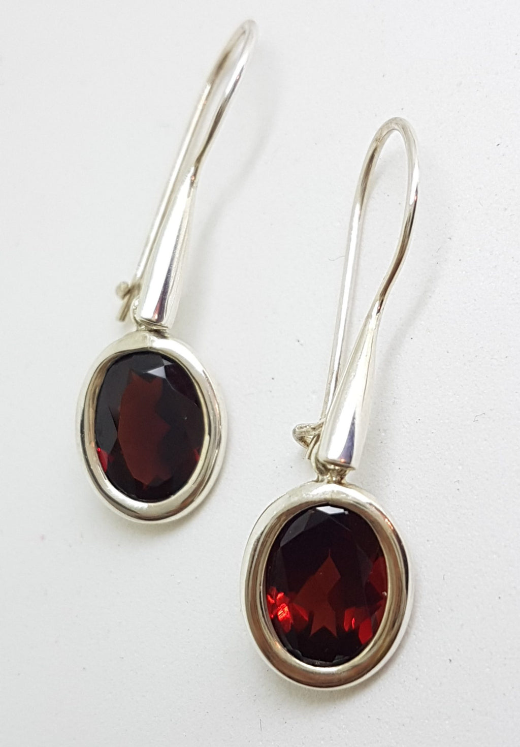 Sterling Silver Oval Garnet Long Line Drop Earrings
