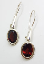 Sterling Silver Oval Garnet Long Line Drop Earrings