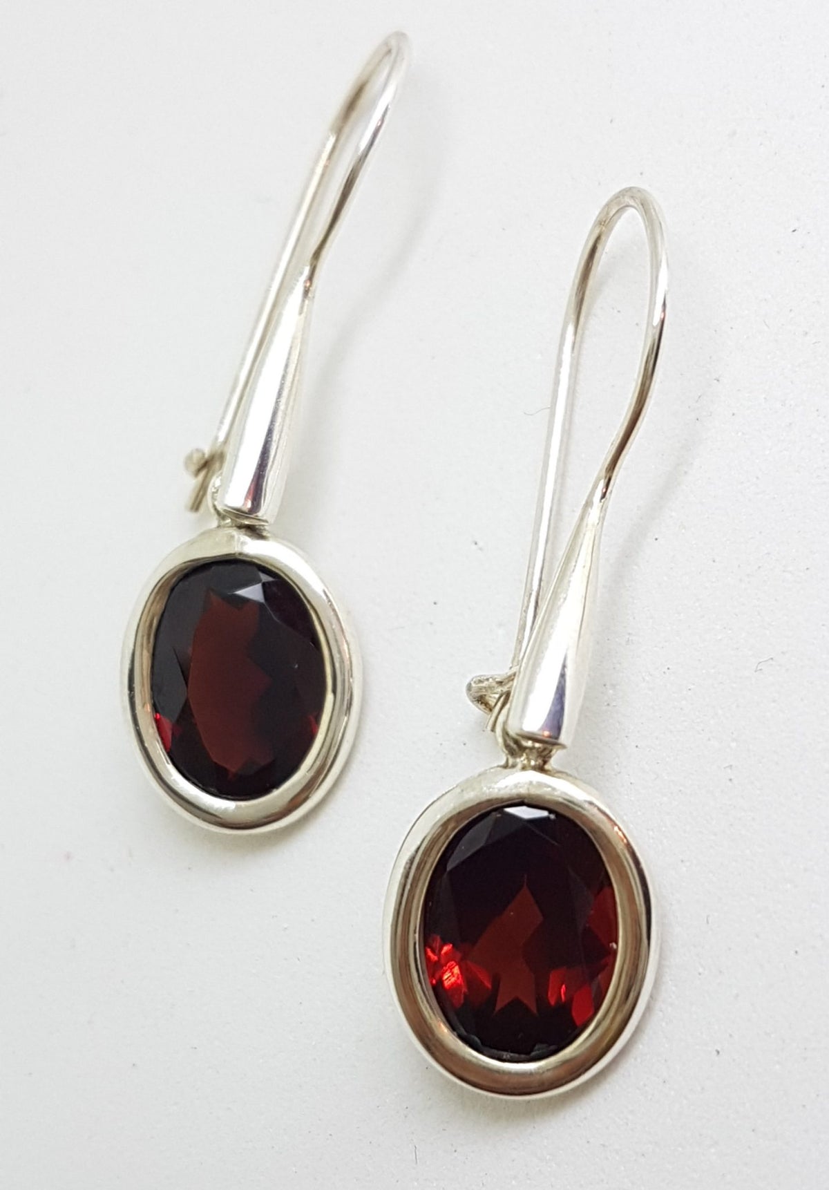 Sterling Silver Oval Garnet Long Line Drop Earrings
