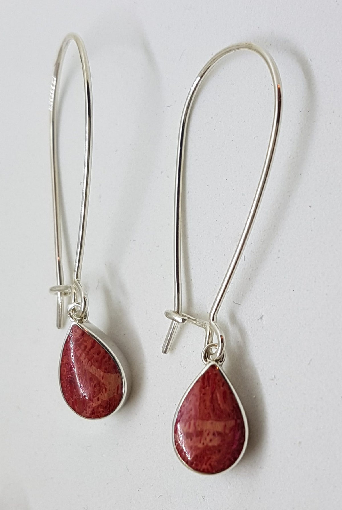 Sterling Silver Pear Shape / Teardrop Coral Long Hoop Drop Earrings