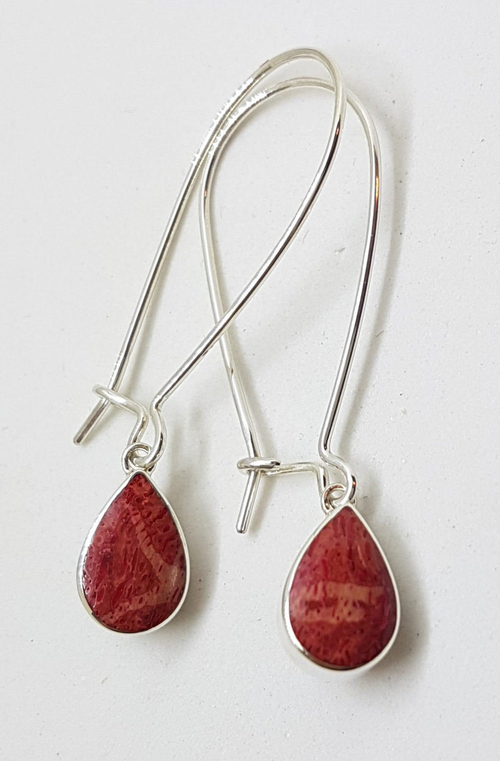 Sterling Silver Pear Shape / Teardrop Coral Long Hoop Drop Earrings