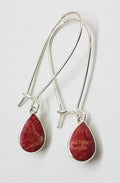 Sterling Silver Pear Shape / Teardrop Coral Long Hoop Drop Earrings