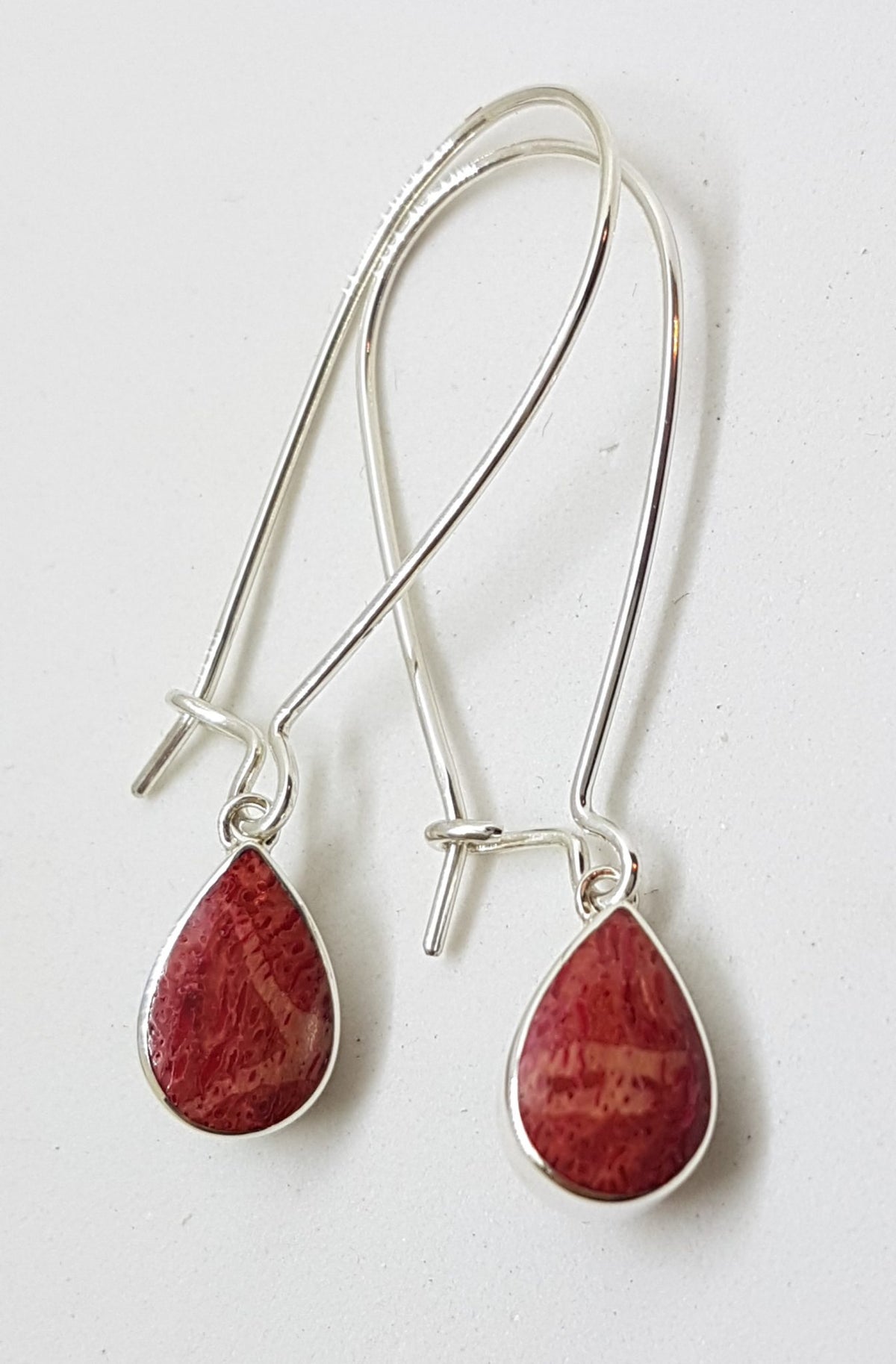 Sterling Silver Pear Shape / Teardrop Coral Long Hoop Drop Earrings