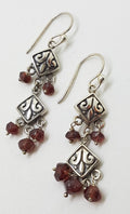 Sterling Silver Square Ornate Long Garnet Drop Earrings