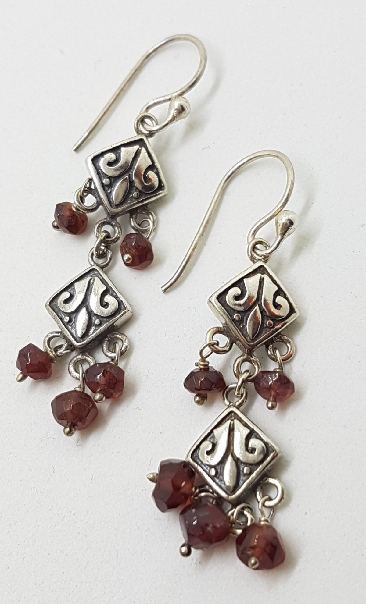Sterling Silver Square Ornate Long Garnet Drop Earrings