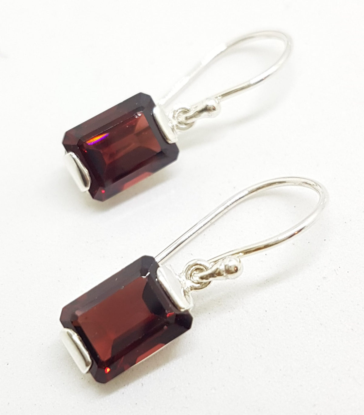 Sterling Silver Rectangular Garnet Drop Earrings