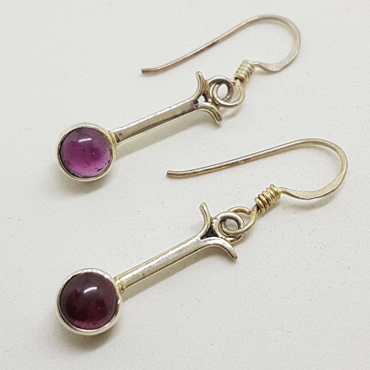 Sterling Silver Long Cabochon Cut Round Garnet Drop Earrings