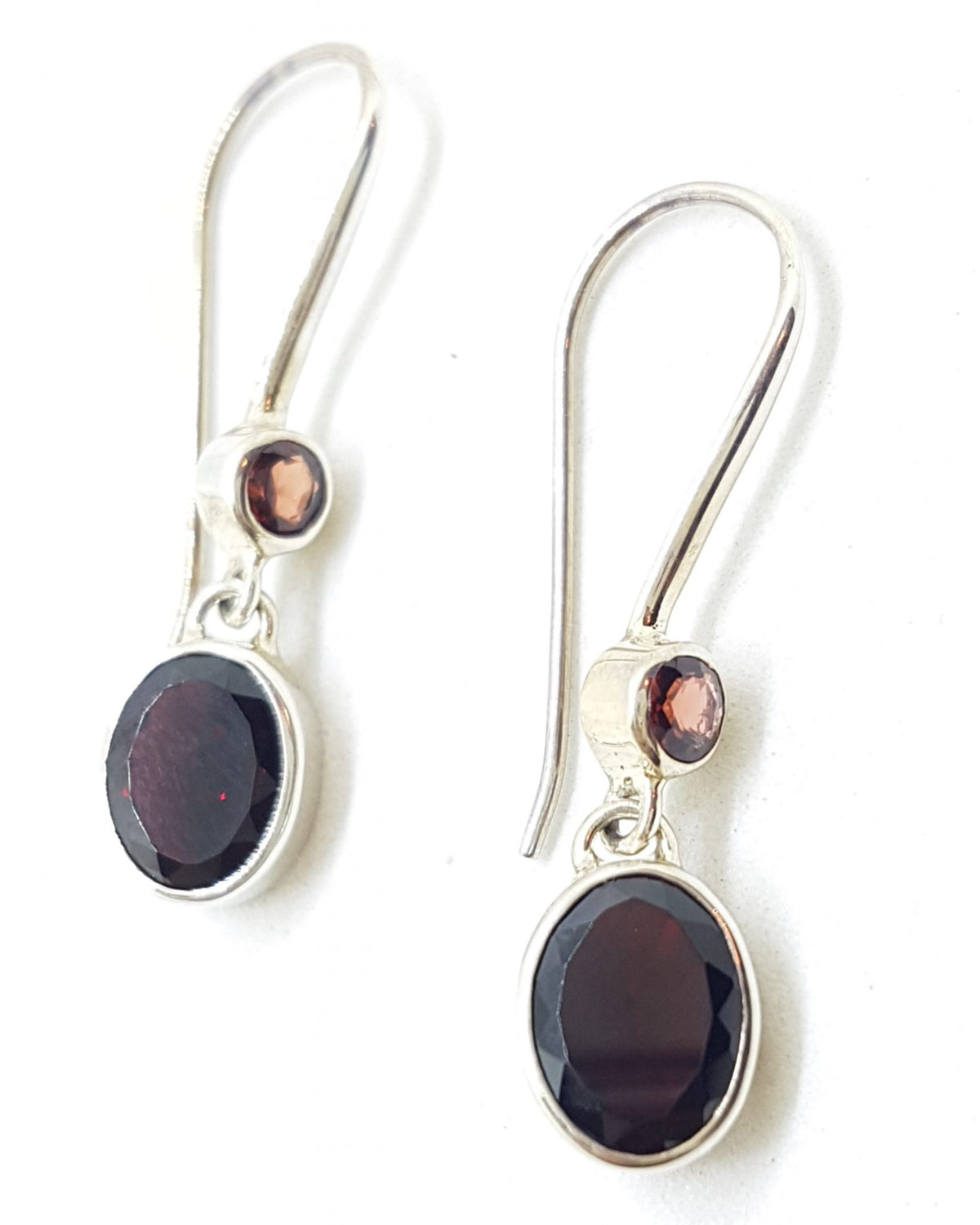Sterling Silver Garnet Drop Earrings - Oval and Round Drop