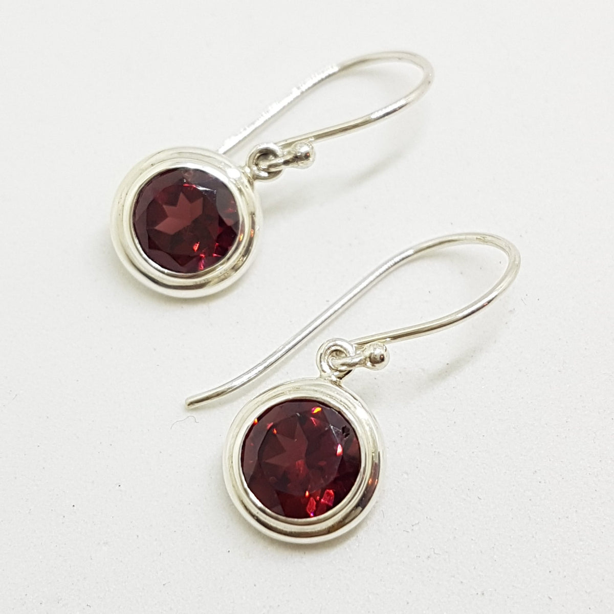 Sterling Silver Round Garnet Bezel Set Drop Earrings